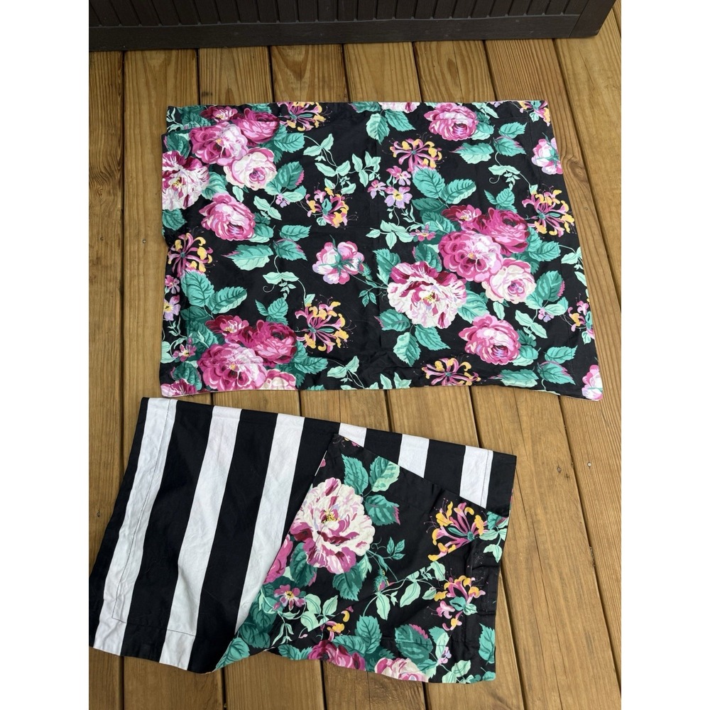 2 Vintage Carleton Varney Gypsy Cabage Rose Floral Shams Striped Cottage Core